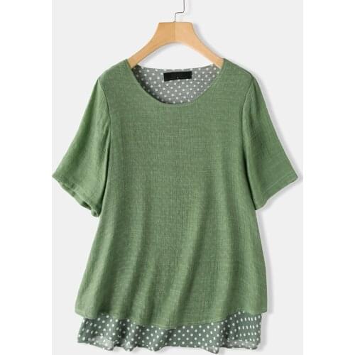 Spring Summer Patchwork Polka Dot T-Shirt Women Faux Two Clothes Plus Size 4XL 5XL Short Sleeve Green Casual Tee Shirt Femme