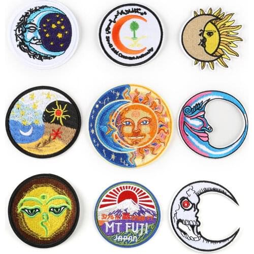Round Sun Moon Star Patches Iron on Patches for Clothing Stripe Badge Embroidered Patches Stickers on Clothes for Kids Appliques