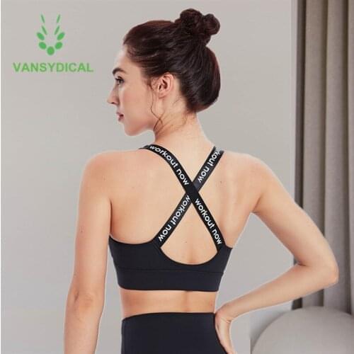 Vansydical Women Sports Yoga Gym Bras Letters High-strength Shockproof Running Fitness Training Workout Underwear Front Zipper