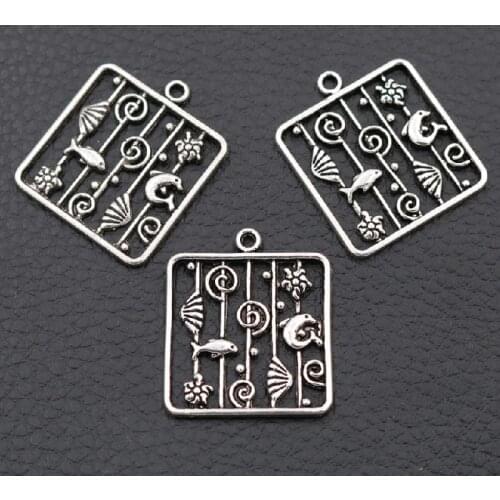 WKOUD 8pcs Silver Color Sea Animal Charm Square Pendant DIY Bracelet Earring Jewelry Handmade Unisex Metal Accessory 28 * 24mm