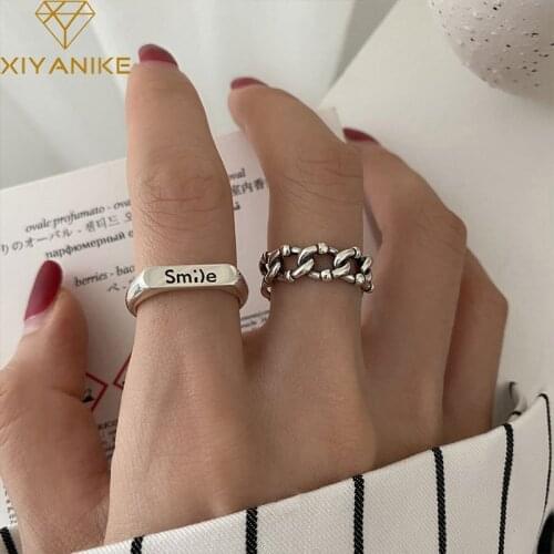 XIYANIKE 925 Sterling Silver Korean Chain Smile Letter Index Finger Ring Female Retro Opening Handmade Gift Jewelry Accessories