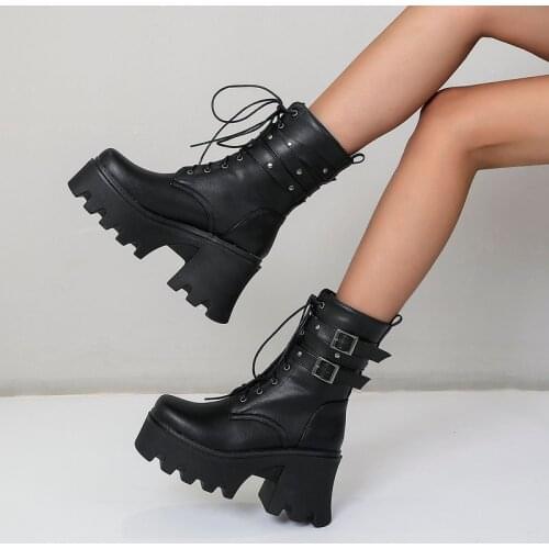 Ladies Cross Tied Knight Boots Spring Autumn Platform Womens Shoes Fashion High-Heel Winter Warm Belt Buckle Mid Calf Boots
