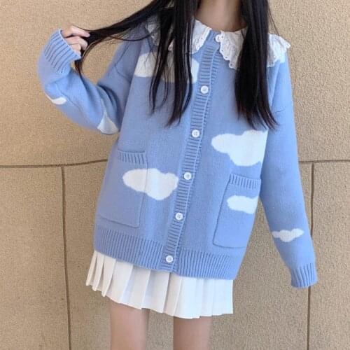 Autumn Cardigan Sweater Women 2020 Winter New Cute Cloud Printing O-Neck Long Sleeve Blue Knitted Sweater Korean Loose Knit Coat