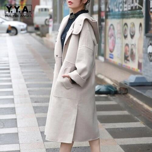 Top Quality Women Winter Oversized Long Wool Coat Cashmere Hoodie Overcoat Loose Reversible Trench Office Ladies Woolen Coats