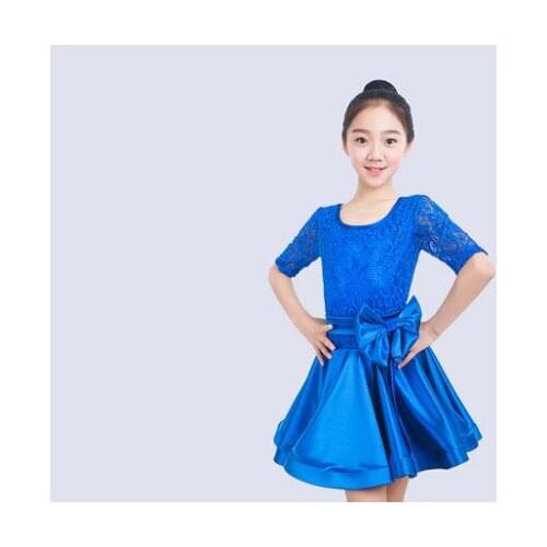 Girls Green Blue Latin dancing dress Kids Ballroom Salsa Dance wear Outfits Childrens Party Stage wear costumes Short sleeve