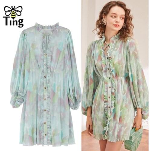 Tingfly Designer Fashion Painting Print Ruched Plead Mini Short Dresses Summer Long Lantern Sleeve Single Breasted Elbise Robe