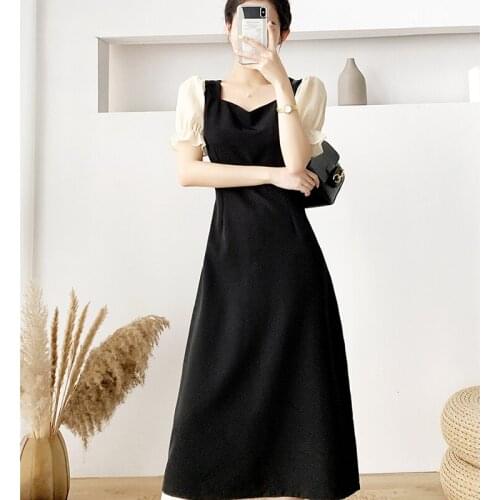 Summer 2021 Women Short Puff Sleeve Dress Patchwork Mesh Elegant Chic Retro Square Collar Slim Contrasting Color Ladies Dresses