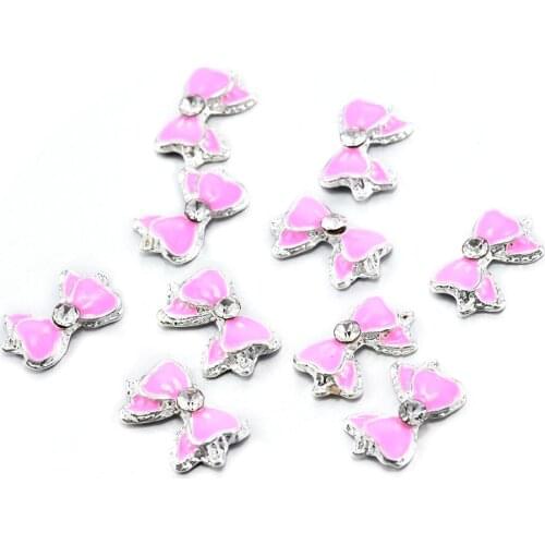10pcs 3D Alloy Rhinestone Pink Bow Butterfly Charms Nail Art Decoration DIY Stickers Cute Nails Accessories Non-adhesive Sticker