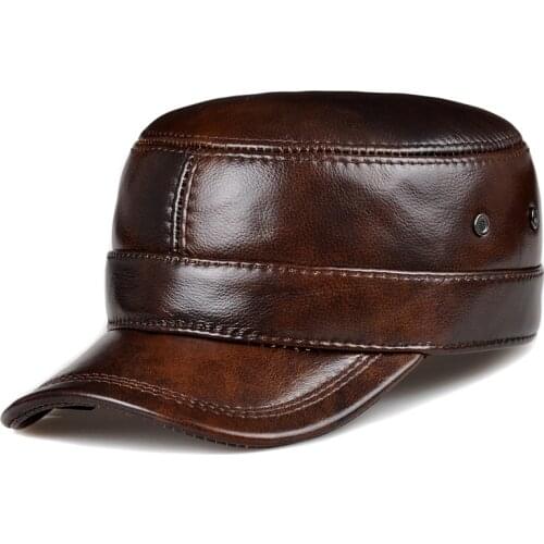 RY0108 Men Spring/Winter Genuine Leather Black/Brown Flat Baseball Caps Male 54-62 cm Customized Size Outdoor Snapback Golf Hat