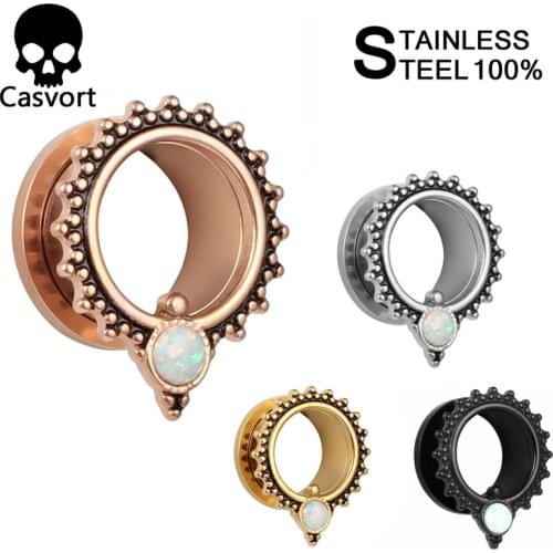 Casvort New fashion ear piercing stainless steel ear plugs opal ear tunnels screw back design pair selling 2pcs lot