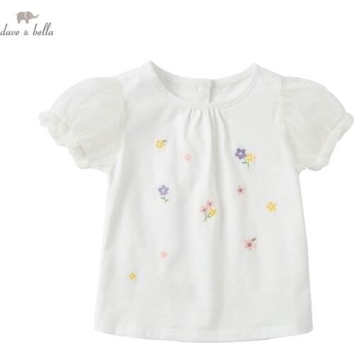 DBZ18139 dave bella summer baby girls cute floral embroidery children tops girl kids fashion tees