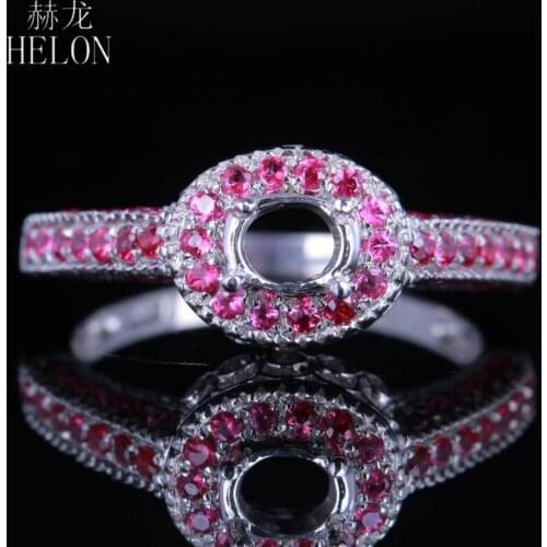 HELON 925 Sterling Silver 0.55ct Real Natural Diamond & Genuine Rubies Fine Jewelry Wedding Ring 6x4mm Oval Cut Semi Mount Ring