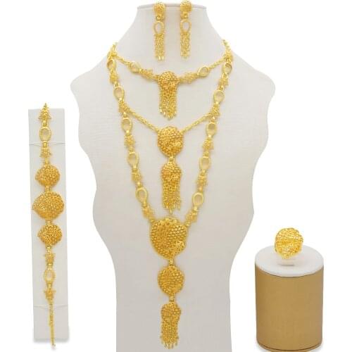 India Dubai Gold Jewelry Sets Necklaces Earrings Bracelet Ring Women Girls African Arab Accessories Hawaiian Wedding Gifts