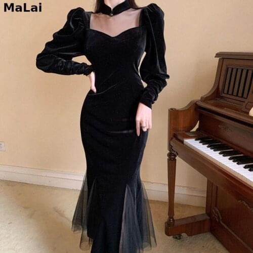 Koran Winter French Vintage Black Dress Women 2021 Spring Long Sleeve Slim Evening Party Dress Female Gothic One Piece Dresses
