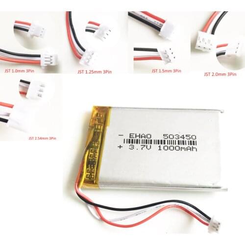 3.7V 1000mAh JST 3pin plug 503450 Lithium Polymer LiPo Rechargeable Battery For MP3 MP4 DVD PAD camera recorder Speaker PSP
