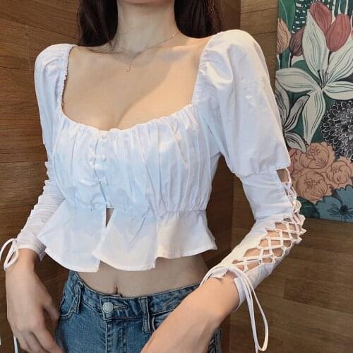 Fashion Brand Chic White Women Tops Hollow Out Low-cut Crop Top Lace Up Long Sleeve Shirts Square Collar Blusas Mujer De Moda