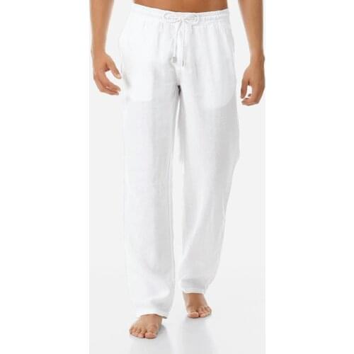 New Top Quality Mens Summer Casual Pants Natural Cotton Linen Trousers White Linen Elastic Waist Straight Mens Pant Straight