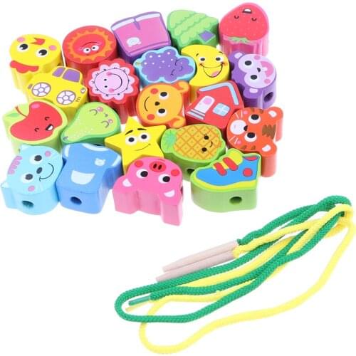 Primary lace up educational toy with 21 pieces of wooden pearls and 2 strings