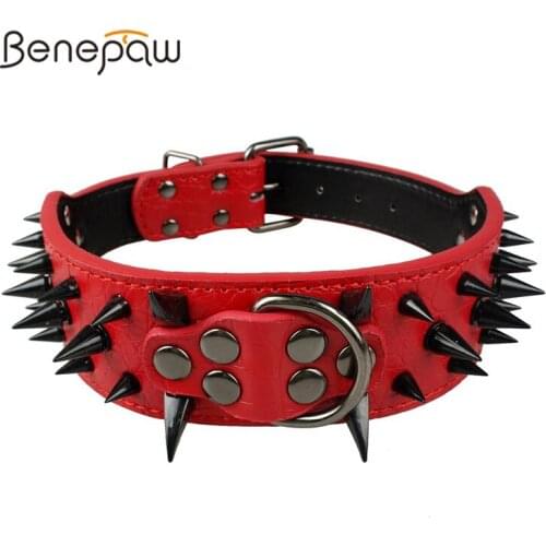 Benepaw Durable Thick Spiked Dog Collar Leather Stylish Soft Rivets Pet Collar Metal Buckle Fits Medium Large Dogs Bulldog