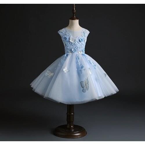 Blue Lace Baby Girl Clothes Wedding Dress Newborn Christmas Princess Gown Bead Butterfly Infant 1 Year Birthday Girl Party Dress
