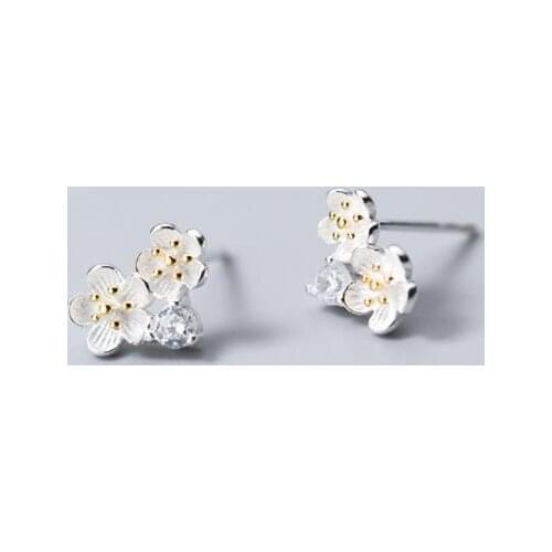 Real. 925 Sterling Silver cherry Flower & CZ Ear Stud Earrings Ear-Bone Jewelry C-E9265