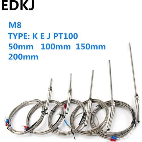 K-Type Thread Cable Temperature Sensor 0-400℃ E J PT100 50mm 150mm 100mm 200mm Probe Screw Thermocouple M8 1m 2m 3m 4m 5m