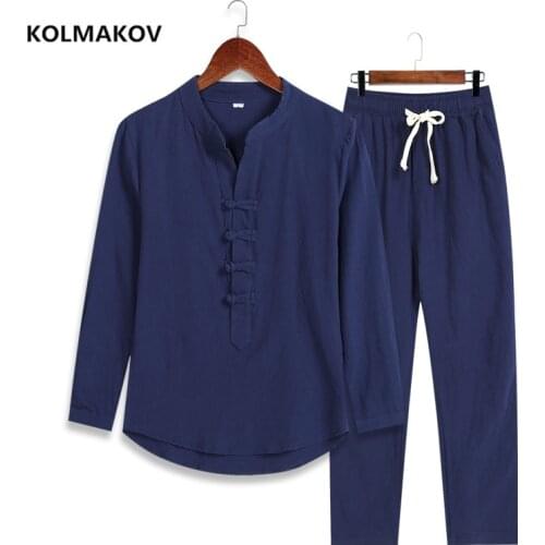Shirt + trousers) 2021 summer men shirt Man Cotton and linen shirts mens casual fashion shirts men size M-5XL Two piece TZ07
