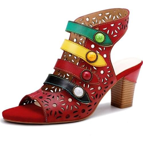 Elegance Vintage Hollow Out Breathable Chunky Heel Genuine Leather women sandals 6CM Thick High heels Women Shoes Open Toed red