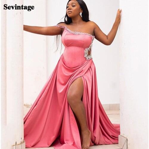Sevintage One Shoulder Evening Dresses Beaded Side Split Satin Sweep Train Prom Dress Plus Size African Celebrity Party Gowns