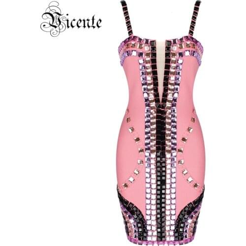 VC All Free Shipping Trendy Elegant Beads Design Sexy Sleeveless Celebrity Party Club Bandage Slip Dress