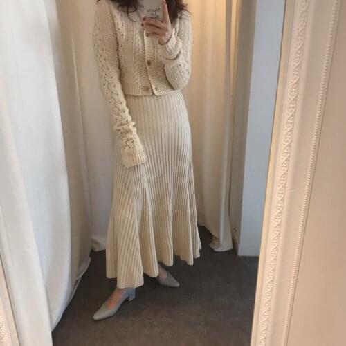 Long Knitted Sweater Skirt Pleated Hem Umbrella Skirts Jupes Women Autumn Winter Elastic High Waist Elegant