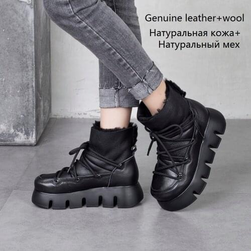 Fashion Women Wool Ankle Snow Boots Winter Genuine Leather Platform Shoes Casual Fluffy Shoes Ladies Moon Boots Wedges Black