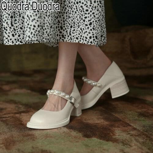 Genuine Leather new Women Pumps MaryJanes shoes Thick High Heels Chunky solid buckle casual fashion pearl sweet Big Size 36 39