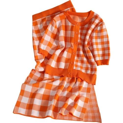 Womens High Waist Long Plaid Knit Slit Skirt Two-piece Fashion O-neck Cardigan Sweater Tops Short Sleeve 2 Piece Womens Sets