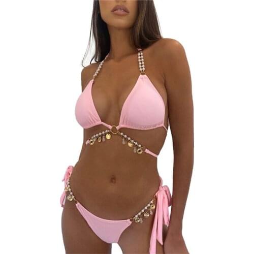 2021 Womens Crystal Bikini Suit Split Style Halter Tops with Thongs Woman Set Beach Swimming Ladies Swimsuit Beachwear