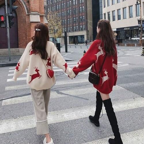 Woman Sweaters Femme Chandails Pullover Sweater Top Autumn and Winter Loose Red Christmas Sweater Pull Hiver