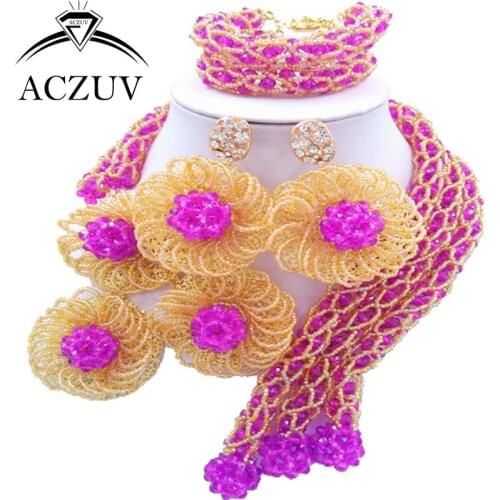 ACZUV Latest African Jewelry Set 2017 Nigerian Wedding Beads Purple Gold Crystal Necklace and Earrings C3F010