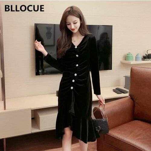 BLLOCUE Runway Designer Velvet Dress 2020 Spring Womens Long Sleeves Elegant Single Breasted Ruffles Mermaid Dress