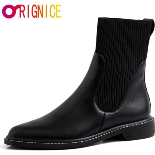 Orignice Fashion Women Genuine Leather Knitting Chelsea Ankle Boots Round Toe Square Heels Warm Winter Party Night Club Shoes