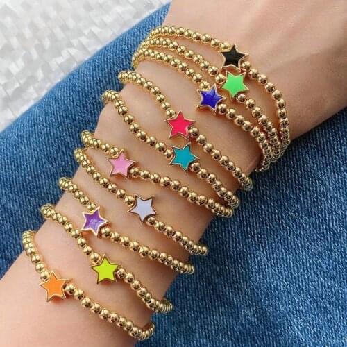 10Pcs New Arrival Gold Plated Copper Beads Stretch Bracelet Colorful Enamel Star Heart Happy face Charms Bracelet