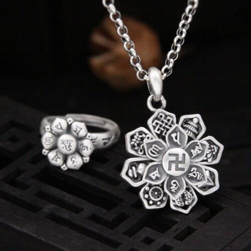 Pure 100% 999 silver jewelry Sanskrit six-character mantra swastika rotatable eight-treasure lotus flower Man and woman pendant