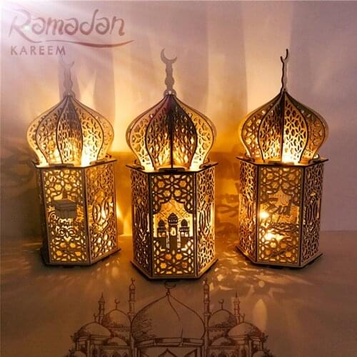 Wooden Eid Desktop Decoration Mubarak Muslim Wood Crafts Warm Lights Lantern Ornaments For Eid Muslim Islam Ramadan Party