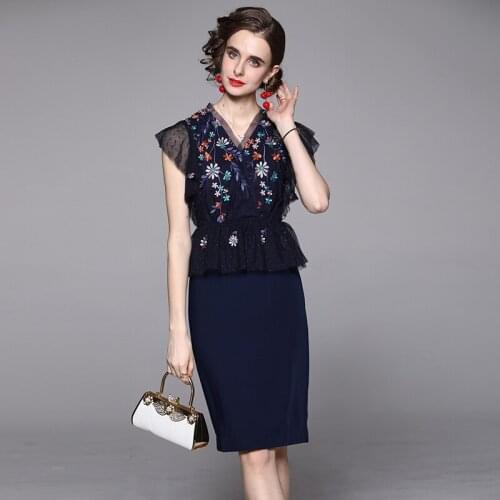 JSXDHK High Quality New Women Mesh Flower Embroidery Patchwork Ruffles Dress Summer Office Ladies V Neck Bodycon Pencil Dresses