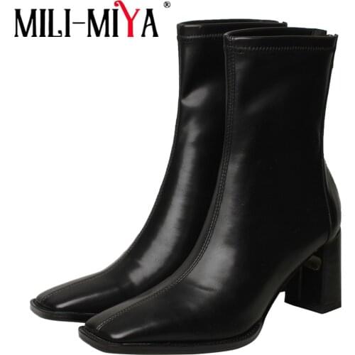 MILI-MIYA Classic Back Zip Women Autumn Ankle Boots Thick Heels Elegant Square Toe Good Leather Party Working Basic Casual Shoes
