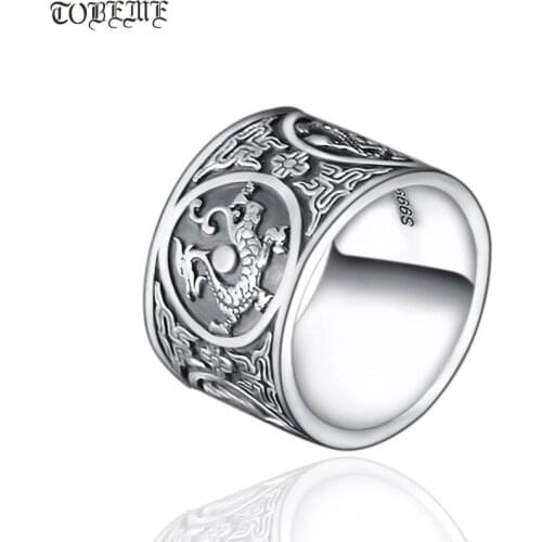 Handmade 999 Silver Dragon Tiger Ring The Chinese Four Mythic Beasts Ring Real Pure Silver Good Luck Ring Fengshui Lucky Jewelry