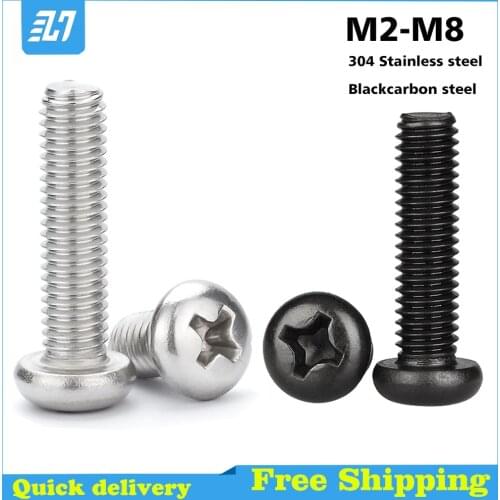 Phillips Pan Head Machine Screw Metric Thread Cross Recessed Round Head Bolt 304 Stainless Black Steel M2 M2.5 M3 M4 M5 M6 M8
