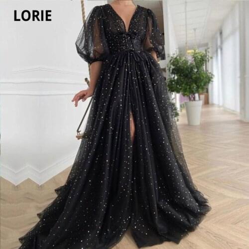 LORIE Bohemian Evening Dresses Arabic V-Neck Black and Gold Tulle Side Split Tulle Prom Gown Half Sleeve Party Dress Graduation