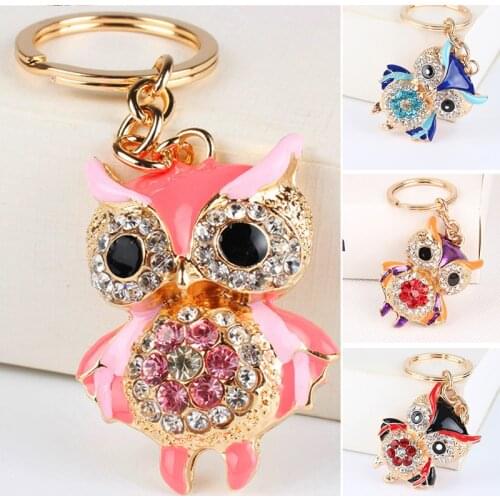 Cute Owl Crystal Key Chains Rings Holder For Women Flower Rhinestone Purse Bag Buckle Pendant For Car Keyrings KeyChains