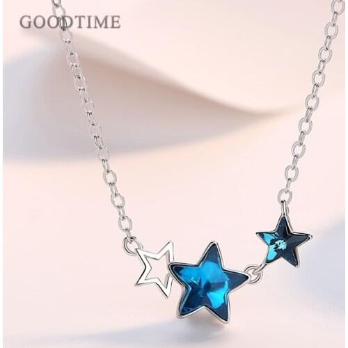 Fashion Pure 925 Sterling Silver Necklaces Blue Zircon Pentagonal Star Pendant Chain Lady Anniversary Gift Noble Women Necklace