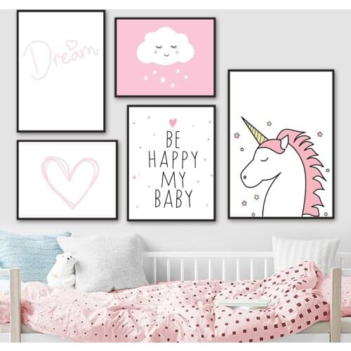 Pink Unicorn Cloud Love Heart Quote Cartoon Wall Art 5D Diamond Painting Posters And Prints Wall Pictures Kids Room Decor